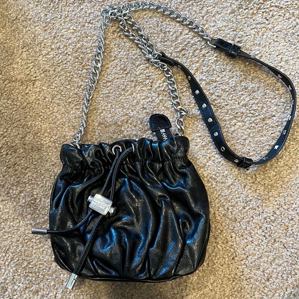 Badgley Mischka Black Leather Drawstring Bag